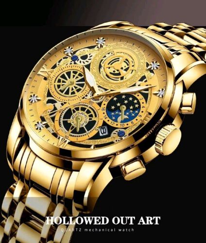Mens Luxury Quartz Watch Stainless Steel Waterproof Gold Casual Wristwatch Boxed - Picture 16 of 18