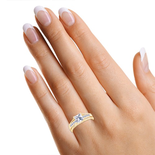 Princess Cut Simulated Diamond Engagement Wedding Ring Set 14K Solid Gold - Picture 6 of 15