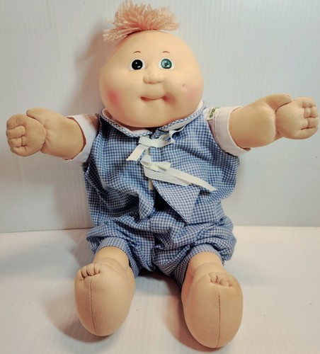 Cabbage Patch Kids Baby Doll  1978 Green Eyes Blonde Yarn Hair Blue Outfit  - Picture 7 of 8