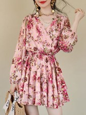 Celebrity Vacation Printing Chiffon V-neck Dress Women A-line Midi Skirt Floral