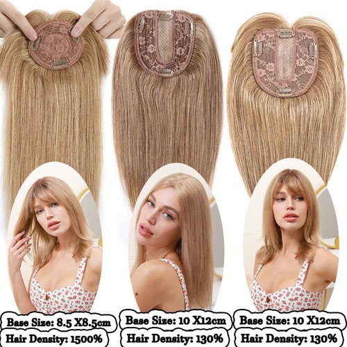 Topper Clip In Real Remy Human Hair Toupee Hairpiece With Bangs Silk Top Base UK - Picture 3 of 37