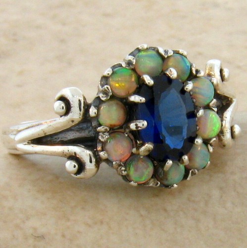 NOUVEAU STYLE 925 STERLING SILVER LAB-CREATED SAPPHIRE OPAL FILIGREE RING 311X - Picture 2 of 4