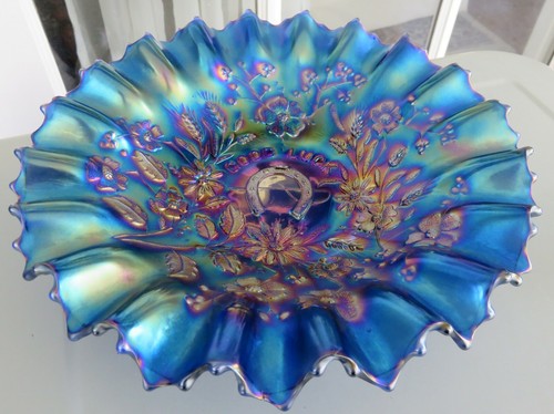 STUNNING BLUE "GOOD LUCK" Carnival Glass Bowl, PCE, Ribbed 9" by Northwood c1908 - Picture 10 of 12