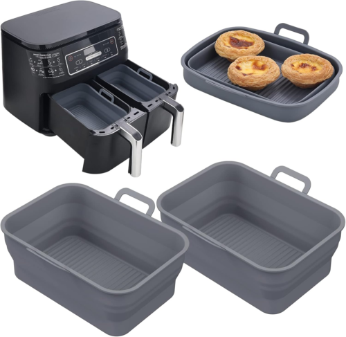 Collapsible 2-Pack Air Fryer Silicone Liners for 8QT & 10QT NINJA Foodi Dual, Re