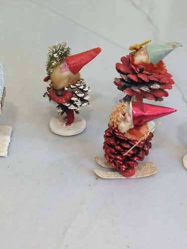 5 statuine vintage ELFO nano pino cono viso Natale intonaco ornamenti ciniglia Giappone - Foto 8 di 24