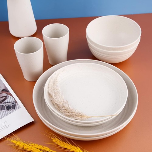 Wheat Straw Dinnerware Set for 8, 16pcs Plates, 8pcs Bowls, 8pcs Cups, Beige - Picture 5 of 6