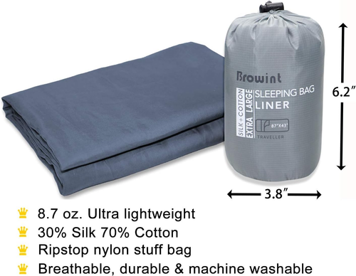 Silk/Cotton Travel Sheet with Double Zippers, 87"X43" Extra Wide Sleep Sack for - Picture 5 of 6