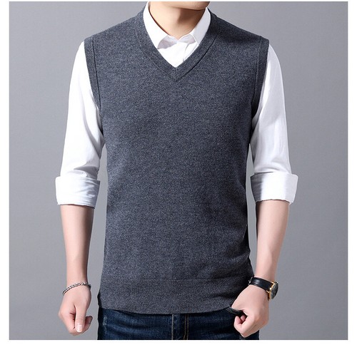 V-neck Wool Vest Men's Pullover Knitted Vest Business Knitted Sweater Sleeveless - Picture 23 of 31