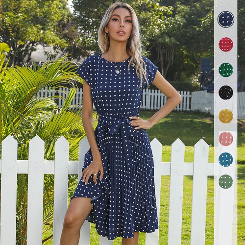 Ladies Summer Dress Holiday Party Beach Belt Polka Dot Pleated Dresses Size 6-18 - Picture 4 of 31