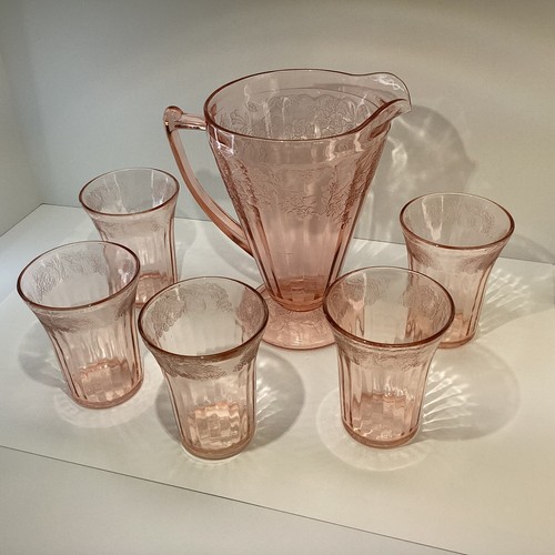 Jeanette pink depression glass cone pitcher & 5 tumblers READ - Picture 3 of 11