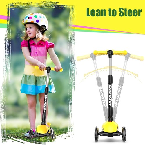 Kids Push Scooter Adjustable Height LED Flashing 3 Wheels Folding Yellow ForKids - Picture 3 of 6