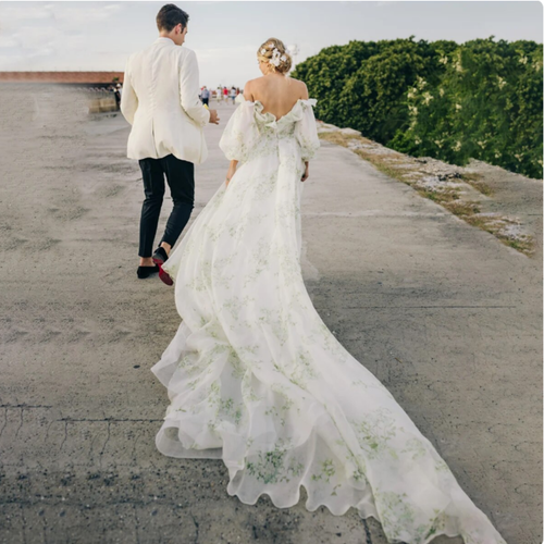 Fairytale Sage Green Floral Print Wedding Gown with Long Puff sleeves UK size 18 - Picture 9 of 9