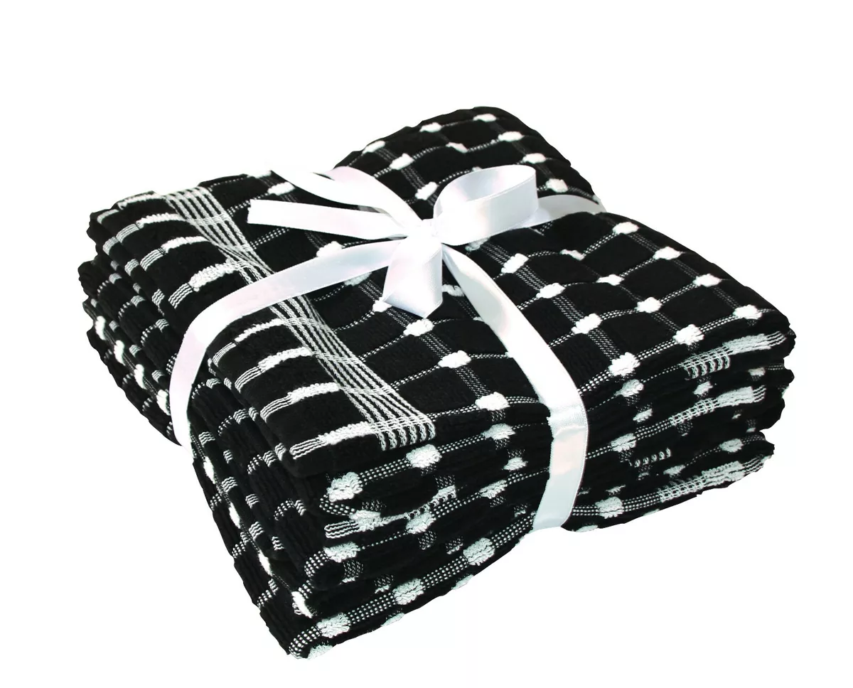 Pack of 4 BLACK & WHITE Check 100% Cotton Extra Large Kitchen Terry Tea  Towels