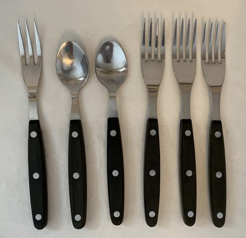 MCM Faux Black Wood Rivets Stainless Flatware Unbranded 24 Piece Set W Bonus 6 - Picture 12 of 14