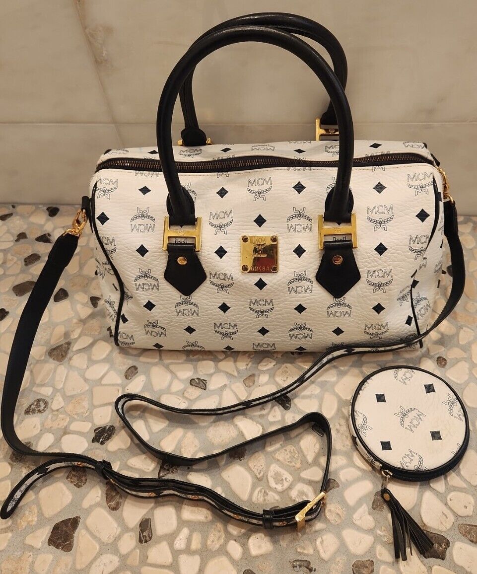 MCM White Leather Small Boston Bag MCM