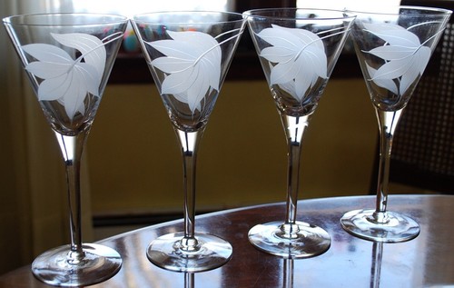 Vintage Set 4 FROSTED SWIRL CUT LEAF Crystal Water Goblets 8 1/8" Midcentury Mod - Picture 19 of 21