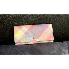 Vivienne Westwood Derby Iconic Tartan Pink Plaid Bifold Wallet Gold Hardware