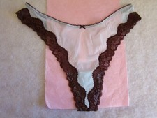 New Victoria's Secret Tease Light Blue Mesh Brown Lace High Leg Thong Panty