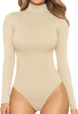 MANGOPOP Mock Turtleneck Long Sleeve Bodysuit THONG Shapewear Ribbed Size Medium