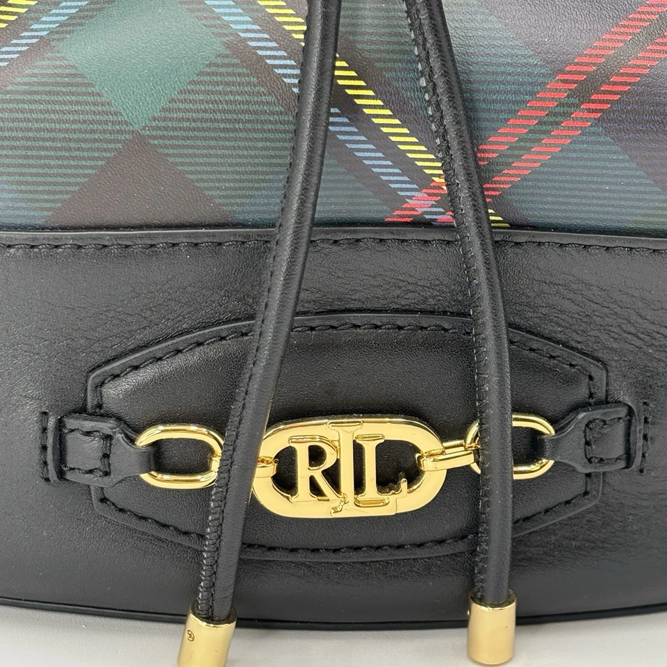 Ralph Lauren Andie Drawstring Bucket Bag Purse & KeyRing Wallet Black Plaid LRL - Image 4 of 4