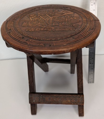 Vintage Peruvian Folding Stool Side Table Collapsible Embossed Leather And Wood - Picture 2 of 13