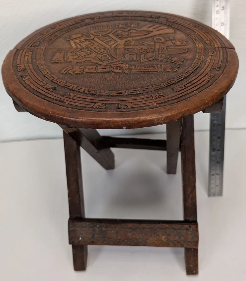 Vintage Peruvian Folding Stool Side Table Collapsible Embossed Leather And Wood - Image 2 of 4