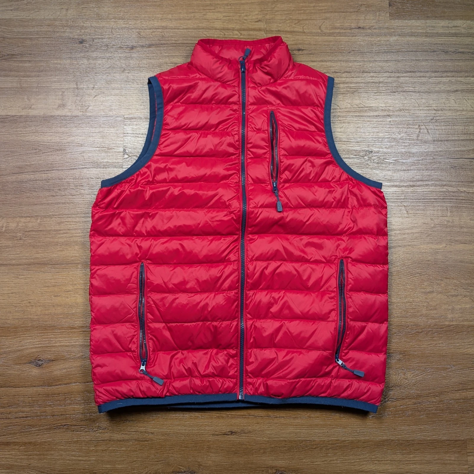 Peter Manning Down Vest Size 2 Small Red Navy Blue Trim Casual Outdoors