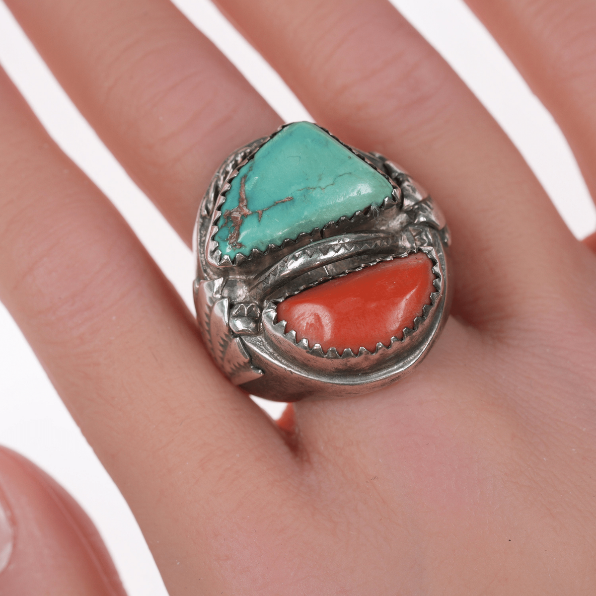 Big Big 41 Grams Super Heavy Men's Vintage Navajo Turquoise Coral Native American Jewelry Silver Ring Big Big 41 Grams Super Heavy Men's Vintage Navajo Turquoise Coral Native American Jewelry Silver Ring