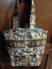 Homemade quilted tote bag featuring different...