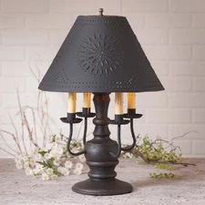 COLONIAL TABLE LAMP & PUNCHED TIN SHADE - BLACK & RED with 3 Light Options USA