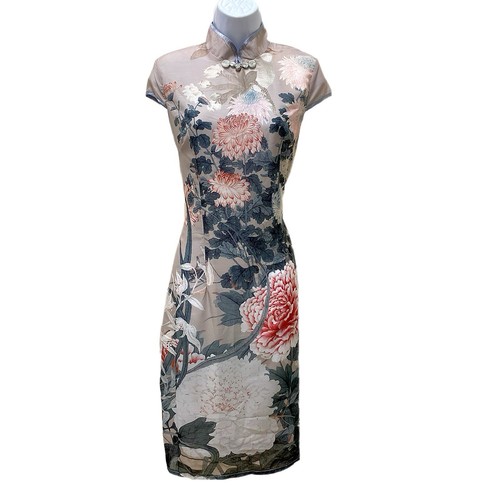 TANGMEN traditionelles chinesisches Kleid Cheongsam Qipao grau Blumen Midi Flügelärmel L - Bild 3 von 16
