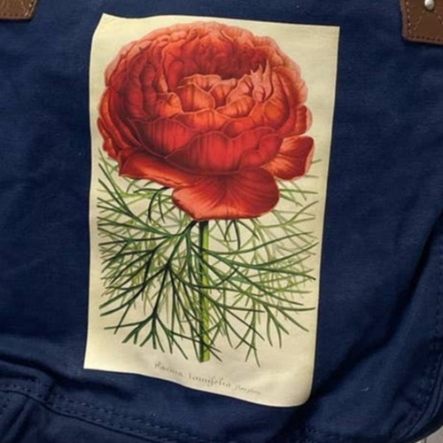 Bolso de Mano Estampado a Mano Reciclado Rojo Peonía Flor Azul Marino Lona Algodón - Imagen 2 de 7