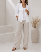 Chicos Linen White Two Button Blazer Jacket Size 1 M Business Office Old Many