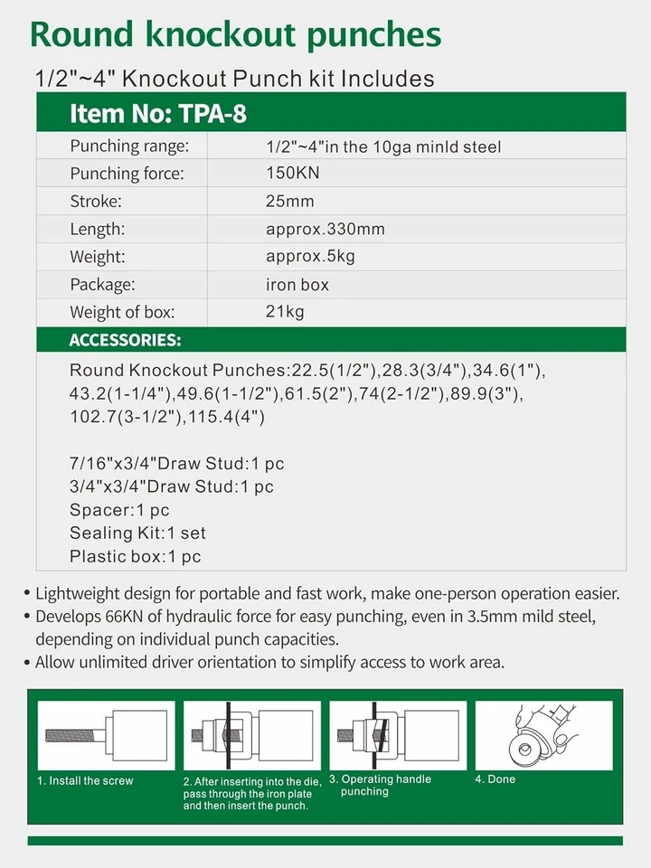 Juego de cortador de orificios de conducto eléctrico perforador de nocaut hidráulico Kit de herramientas KO 1/2 a 4 Foto 2 de 4