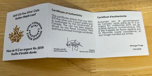 Feinsilbermünze 15 $ 2019 - Golden Maple Leaf OGP & COA - Bild 8 von 8