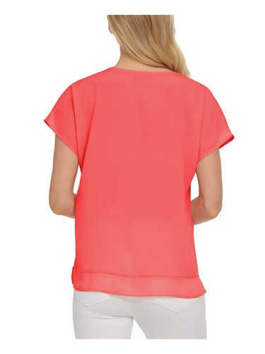 DKNY Womens Sheer Chiffon Trim Vented Hem Short Sleeve V Neck Wear To Work Top - Picture 8 of 9