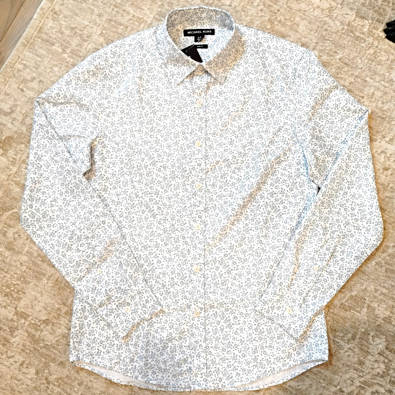 NWT S Michael Kors Blue Floral Button Down Office Dress Shirt Slim Fit NEW