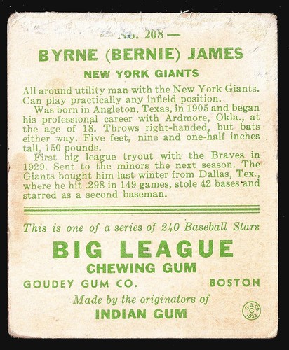 1933 Goudey #208 Byrne Bernie JAMES RC, GIANTS Rookie - basso grado ma bello - Foto 2 di 3
