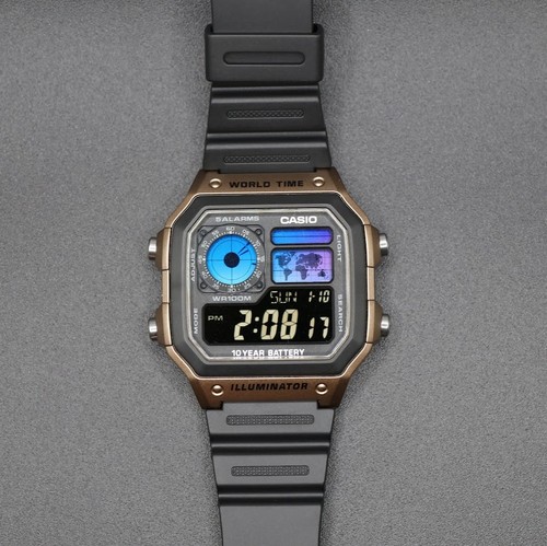 CASIO AE-1200WHD. Royale World Time Watch Mod. Blue Filter. Negative Display