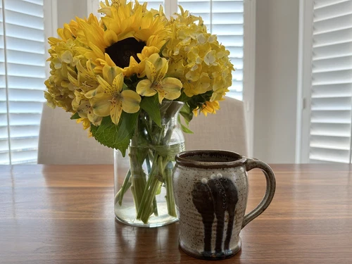 Beautiful Large, Signed Hand Thrown Mug With Gray and Brown Glaze + Blue Design
