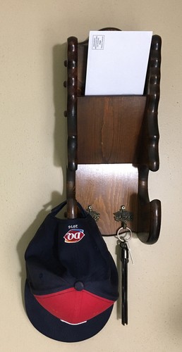 Vintage Wooden Hanging Letter Mail Holder Key Holder Hat Rack Dark Wood 16”x6” - Picture 1 of 9