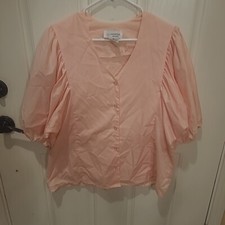 Pitchfork Brand Blouse Women's Large Square Dance Pink Button Front Cap Sleeves