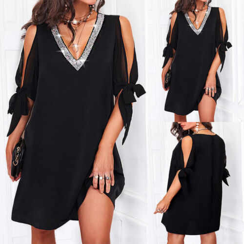 Women Summer Sequin V Neck Mini Dress Short Sleeve Holiday A-Line Dress Sundress