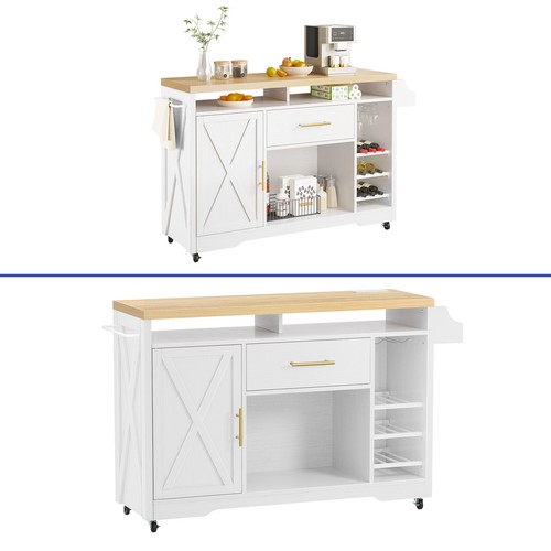 Kitchen Island 47" Farmhouse Dining Cart Cabinet Storage Trolley w/ Power Outlet - Picture 8 of 12