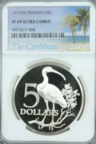 1977 TRINIDAD SILVER 5 DOLLARS S$5 SCARLET IBIS NGC PF 69 ULTRA CAMEO TOP POP 1