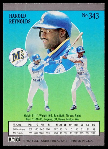 1991 Fleer Ultra Harold Reynolds #343 Seattle Mariners - Picture 2 of 2