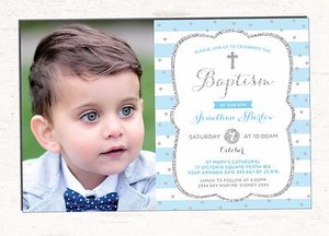 Boy Baptism Invitation Baby Blue Silver Christening Invite First