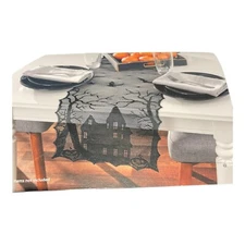 Halloween Table Runner 13.5" x 72.5" Haunted House Black Lace Runner NWT