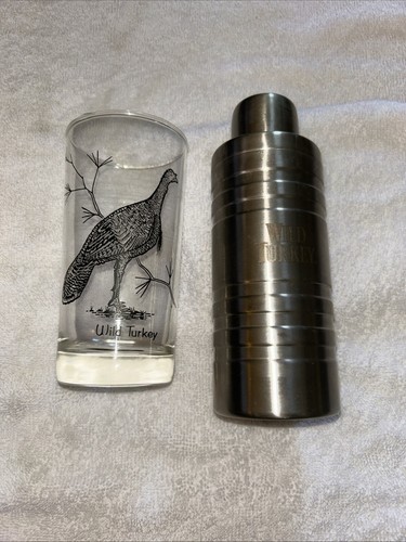 Stainless Steel Wild Turkey Cocktail Shaker And Vintage Glass