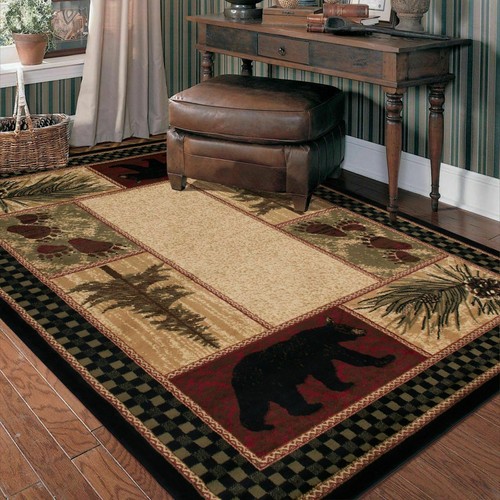 Lodge Cabin Rustic Bear Pinecone Area Rug **FREE SHIPPING** - Picture 1 of 13